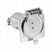 Metal vehicle end connector with a trigger grip and plastic core, zinc plated on 20 gauge steel.