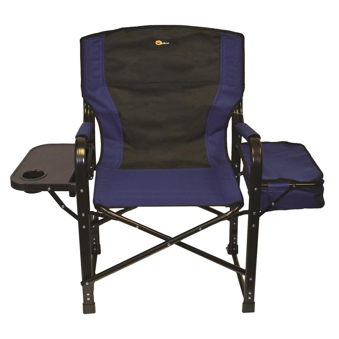 A blue and black folding director's chair with an insulated cooler and a built-in drink holder, set up outdoors.