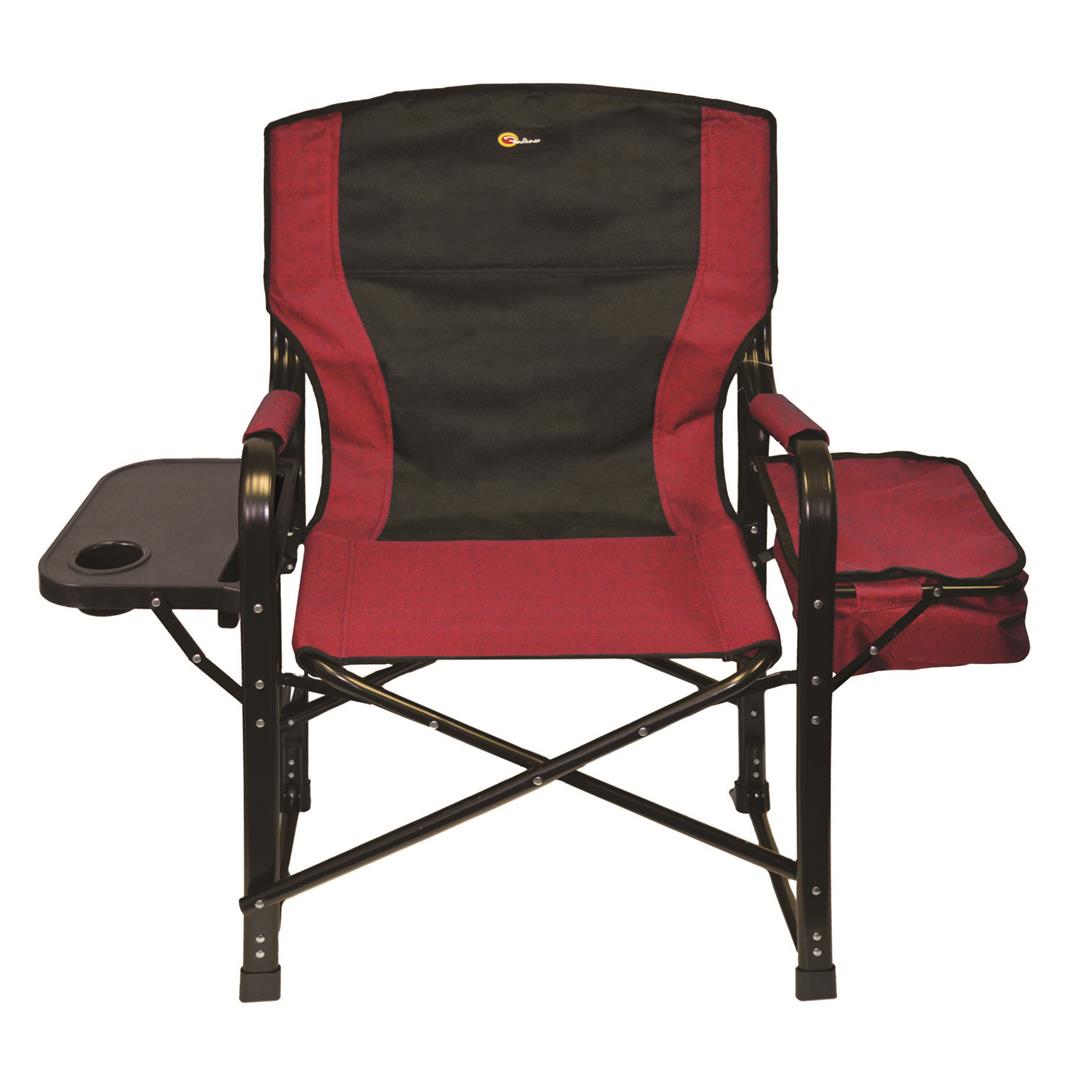 A burgundy and black folding director's chair with a built-in cooler and side tray, set up outdoors.