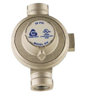 A silver-colored single-stage propane regulator with a 30 PSI pressure gauge, marked with the model number 914 and the brand Cannon.