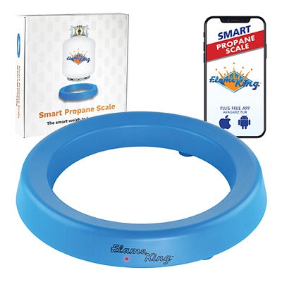 A blue smart propane scale with the brand name 'Flame King' displayed, plus a Bluetooth app icon and the product packaging box.
