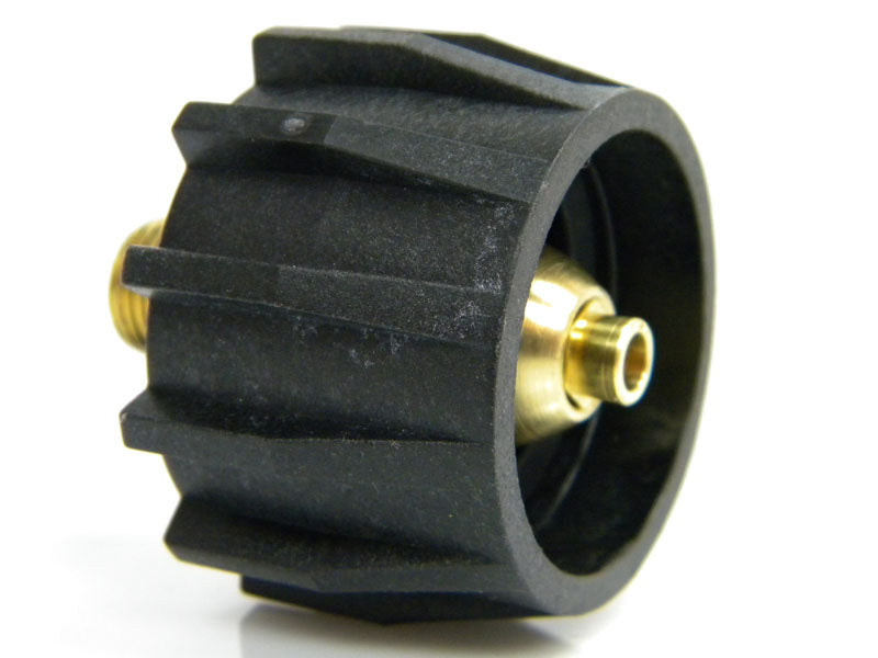 A black propane hose connector with brass components and a male NPT thread.