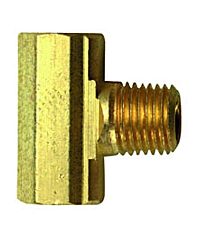 A gold-colored brass propane adapter fitting with a female inverted flare and male NPT thread.