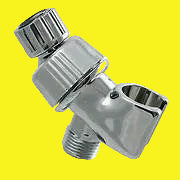 A chrome-plated swivel shower bracket with a single position design, featuring a round base and a threaded attachment point.