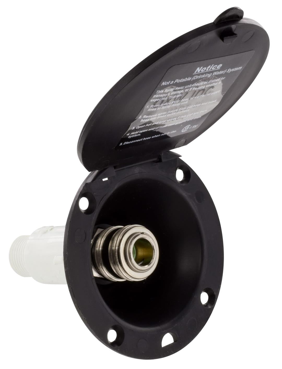 A black exterior spray port valve, designed for quick connect hose attachment.