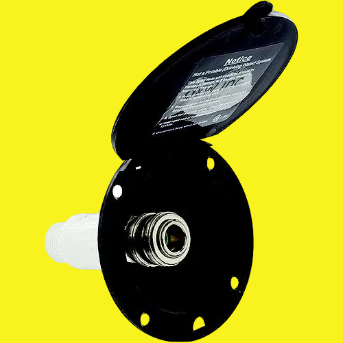 A black plastic outdoor faucet pop-up cover with a threaded metal fitting visible through a circular opening, shown on a plain yellow background.