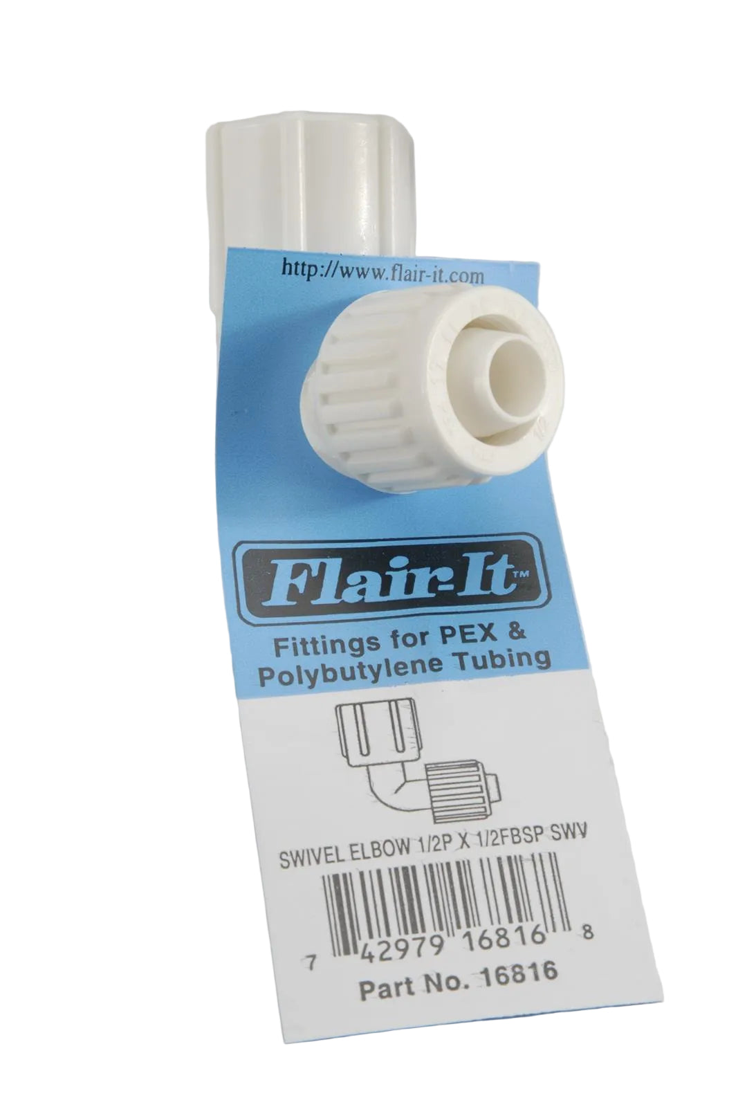 A white plastic Flair-It fitting for PEX & polybutylene tubing, with a swivel end nut, displayed on a blue background
