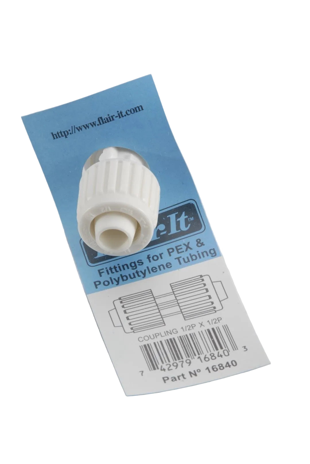 A white Elkhart fresh water fitting PEX coupler on a blue Flair-It card with the brand's website and product information.