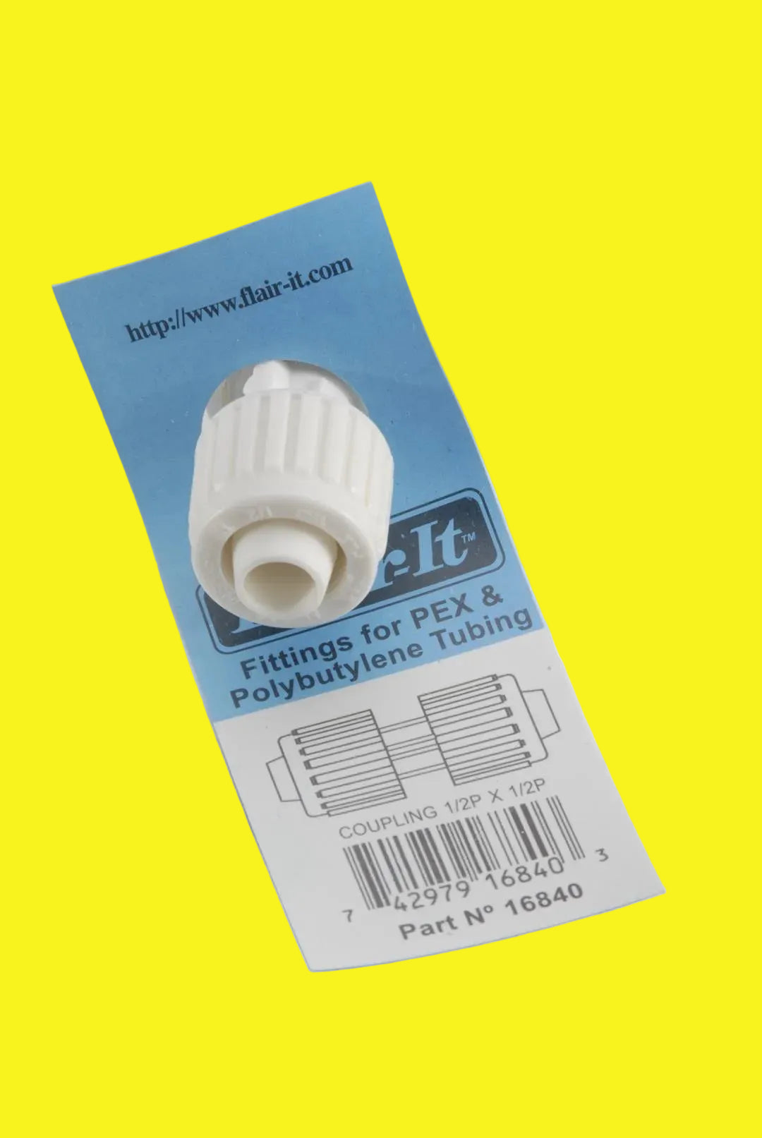 A white Elkhart fresh water fitting PEX coupler on a blue Flair-It card with the brand's website and product information.
