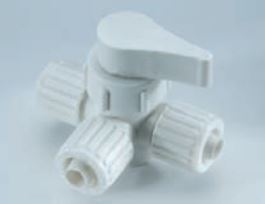 A white, plastic by-pass valve for water heaters with three PEX connections.