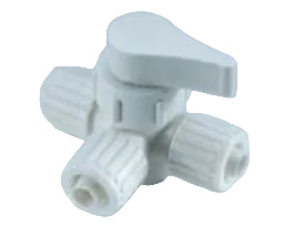 A white, plastic by-pass valve for water heaters with three PEX connections.