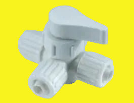 A white, plastic by-pass valve for water heaters with three PEX connections.