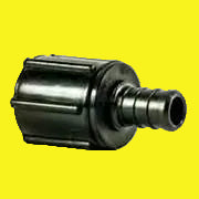 A black plastic fresh water fitting with 1/2" - 3/8" threading.