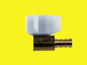 A brass 3/8 inch PEX to 1/2 inch female pipe thread plastic swivel end nut with a 90-degree elbow.