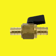 A brass fresh water shut off valve with a 3/8 inch PEX connection and a black handle.