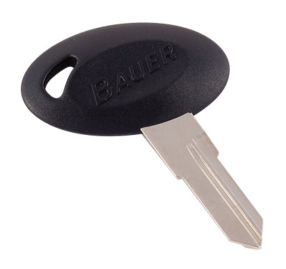 A black key blank with the brand name 'Bauer' embossed on it.