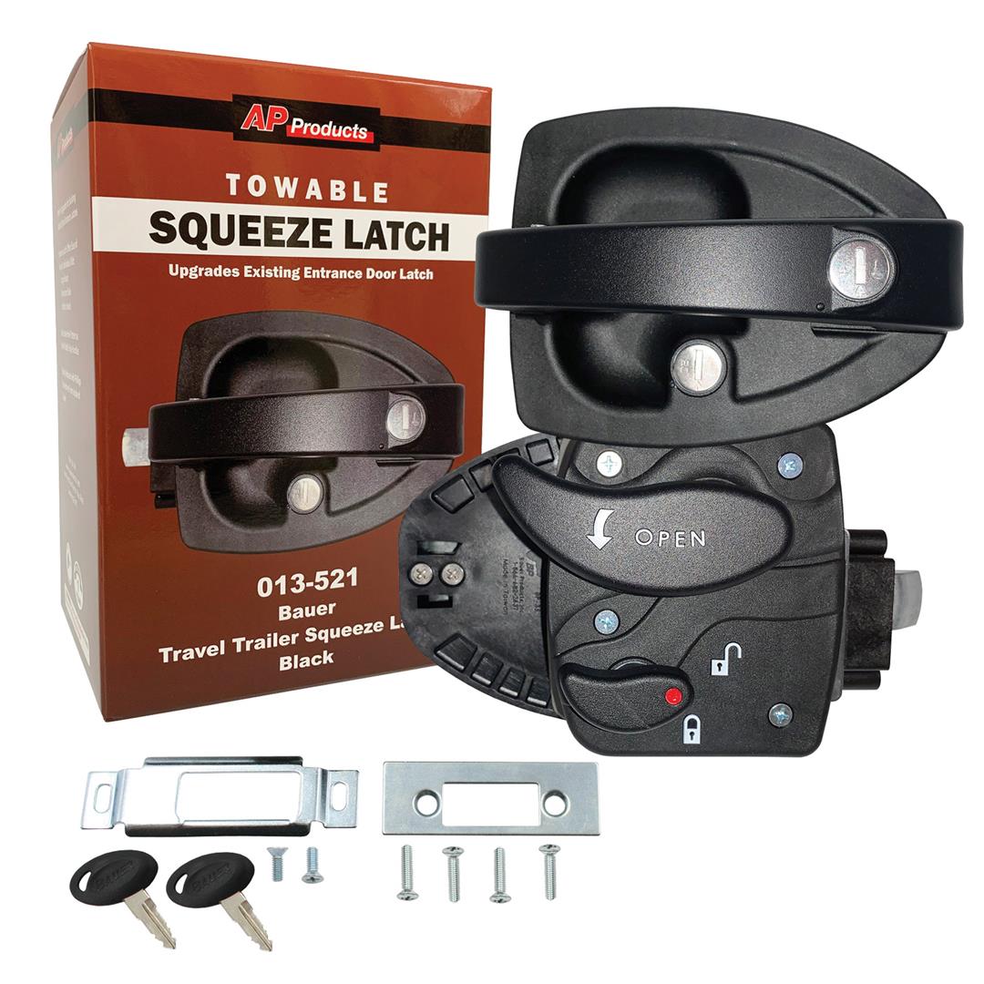 Black squeeze latch entry door lock for camper. Includes two keys and hardware.