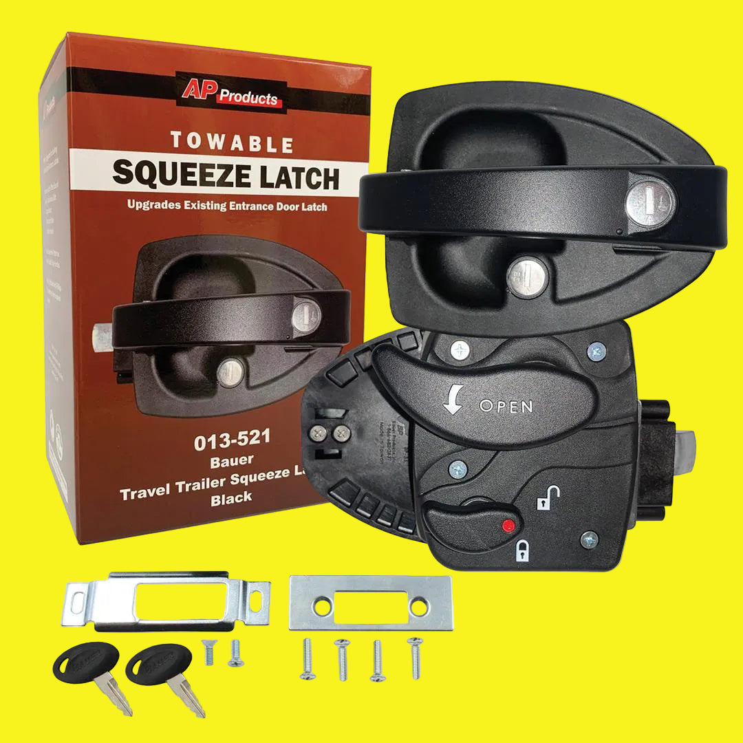 Black squeeze latch entry door lock for camper. Includes two keys and hardware.