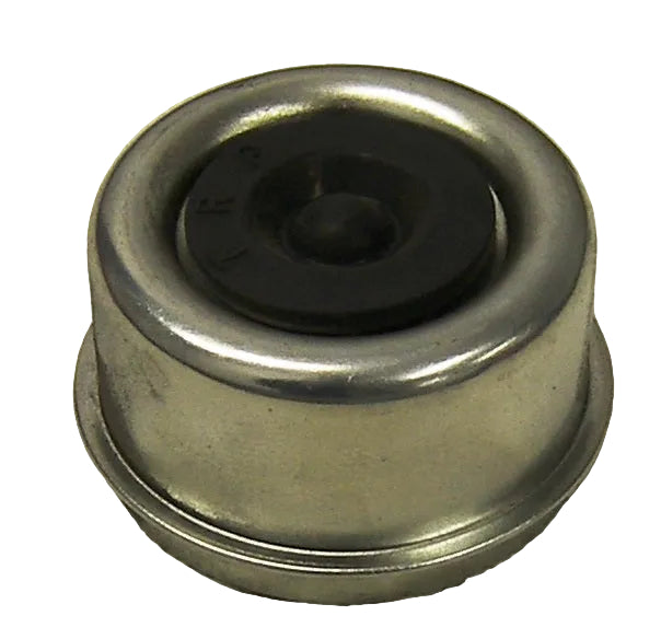 A silver metal dust cap for wheels.
