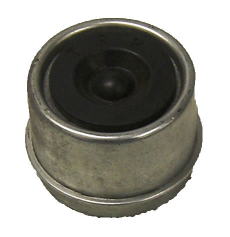 A silver metal dust cap for wheels.