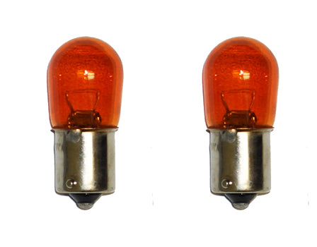 Two red bug bulbs with a silver metal base, 12V 12W for vehicle lighting.