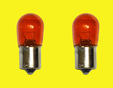 Two red bug bulbs with a silver metal base, 12V 12W for vehicle lighting.
