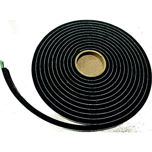 A roll of black window seal with a portion of the seal unrolled, showing a single black rubber band.