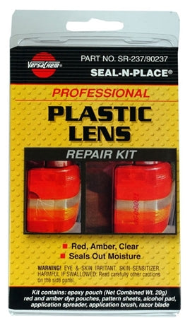 Packaging for a professional plastic lens repair kit, showing the red, amber, and clear resin systems and the brand logo.