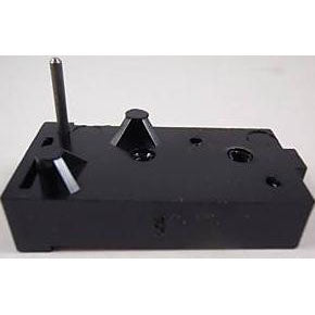 Black refrigerator door handle end cap with a visible screw and attachment points.