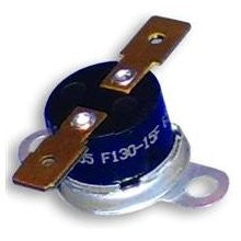 A refrigerator cooling fan thermostat with a black body and two copper-colored terminals.