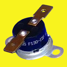 A refrigerator cooling fan thermostat with a black body and two copper-colored terminals.