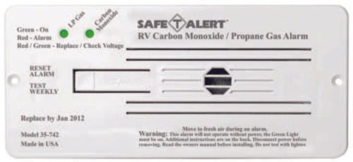 A white flush mount dual carbon monoxide and propane gas alarm with green and red wiring options and a beeping alert feature.