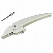 A white awning arm lift handle with a metal hinge