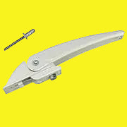 A white awning arm lift handle with a metal hinge