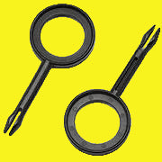 Two black metal awning handle pins and a circular ring for mounting awnings.
