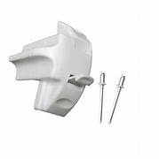 A white awning storage lock with a single piece design, accompanied by two metal pins.