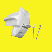 A white awning storage lock with a single piece design, accompanied by two metal pins.