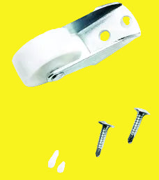 A white awning door roller with a metal structure and two screws placed beside it on a yellow background.