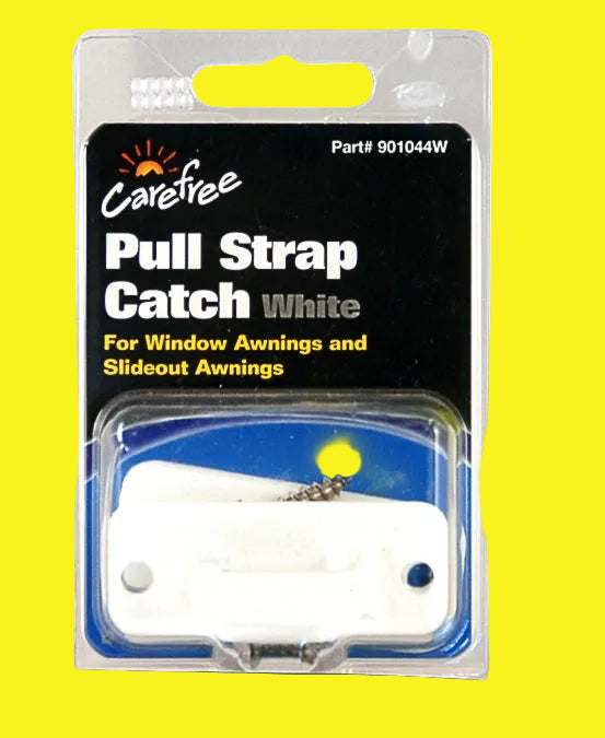 White metal pull strap catch for awnings