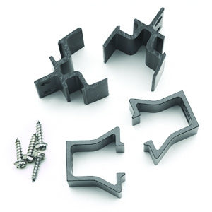 A set of black metal awning arm locks and screws, typically used for securing awning arms over doors.