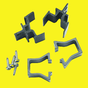 A set of black metal awning arm locks and screws, typically used for securing awning arms over doors.
