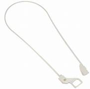 A white awning roller lock with a metal mechanism and a loop at one end for attachment.