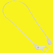 A white awning roller lock with a metal mechanism and a loop at one end for attachment.