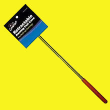 A retractable awning pull cane with a silver metal shaft and a red handle, packaged in a blue and black cardboard sleeve.