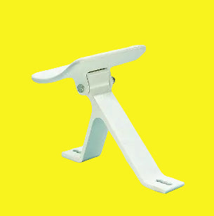 White awning roller support with a sidewall bracket, isolated on a yellow background.