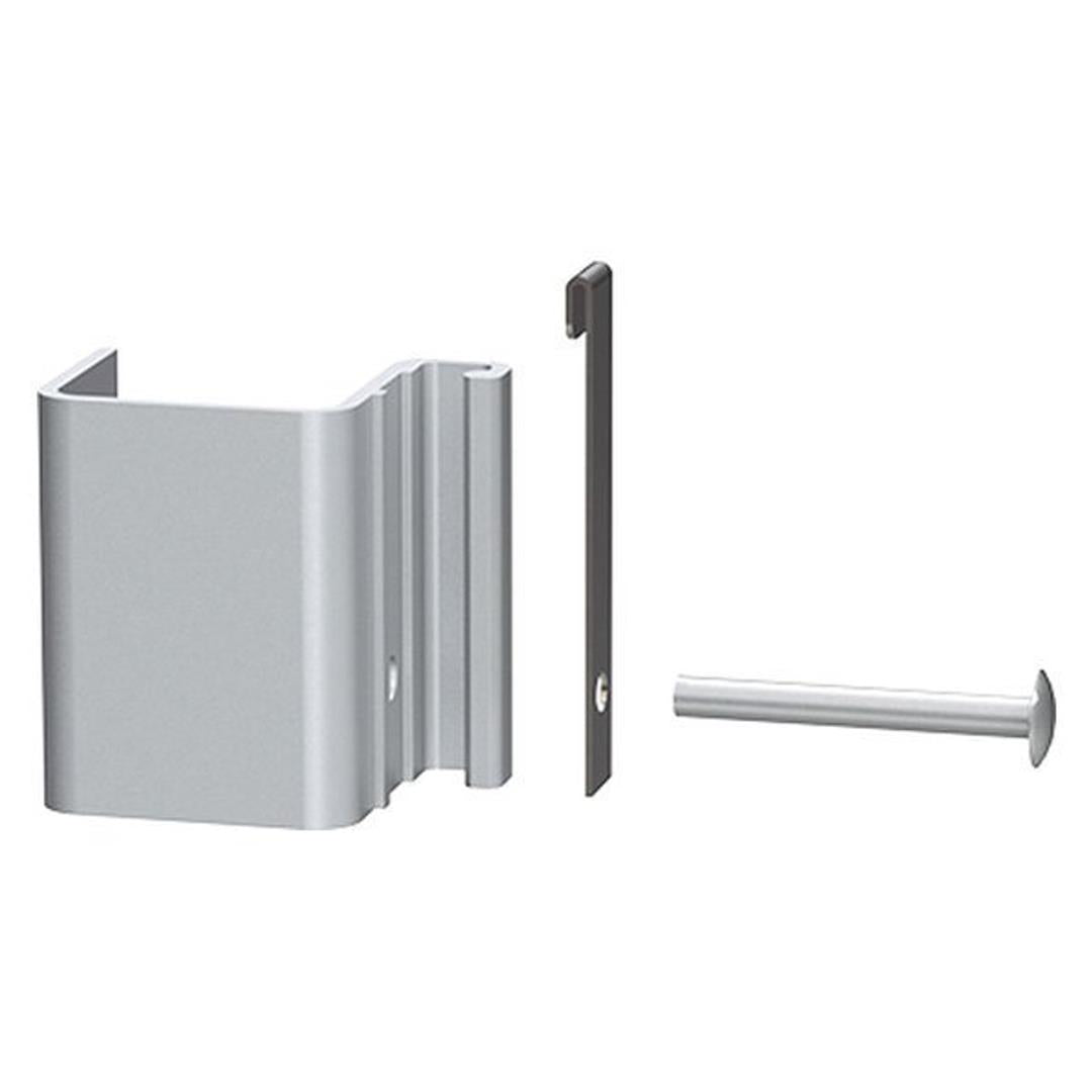 A gray metal awning arm slider with a single mounting screw.