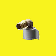 A gold-colored brass swivel elbow with a plastic nut, typically used for fresh water fittings in plumbing.