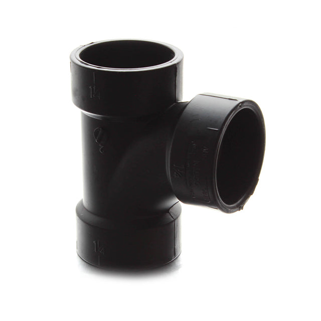 Black ABS plastic sewer waste valve fitting with a tee design.