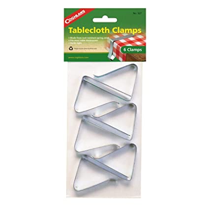 Packaging for a set of six steel tablecloth clamps, with the clamps visible through a plastic window.