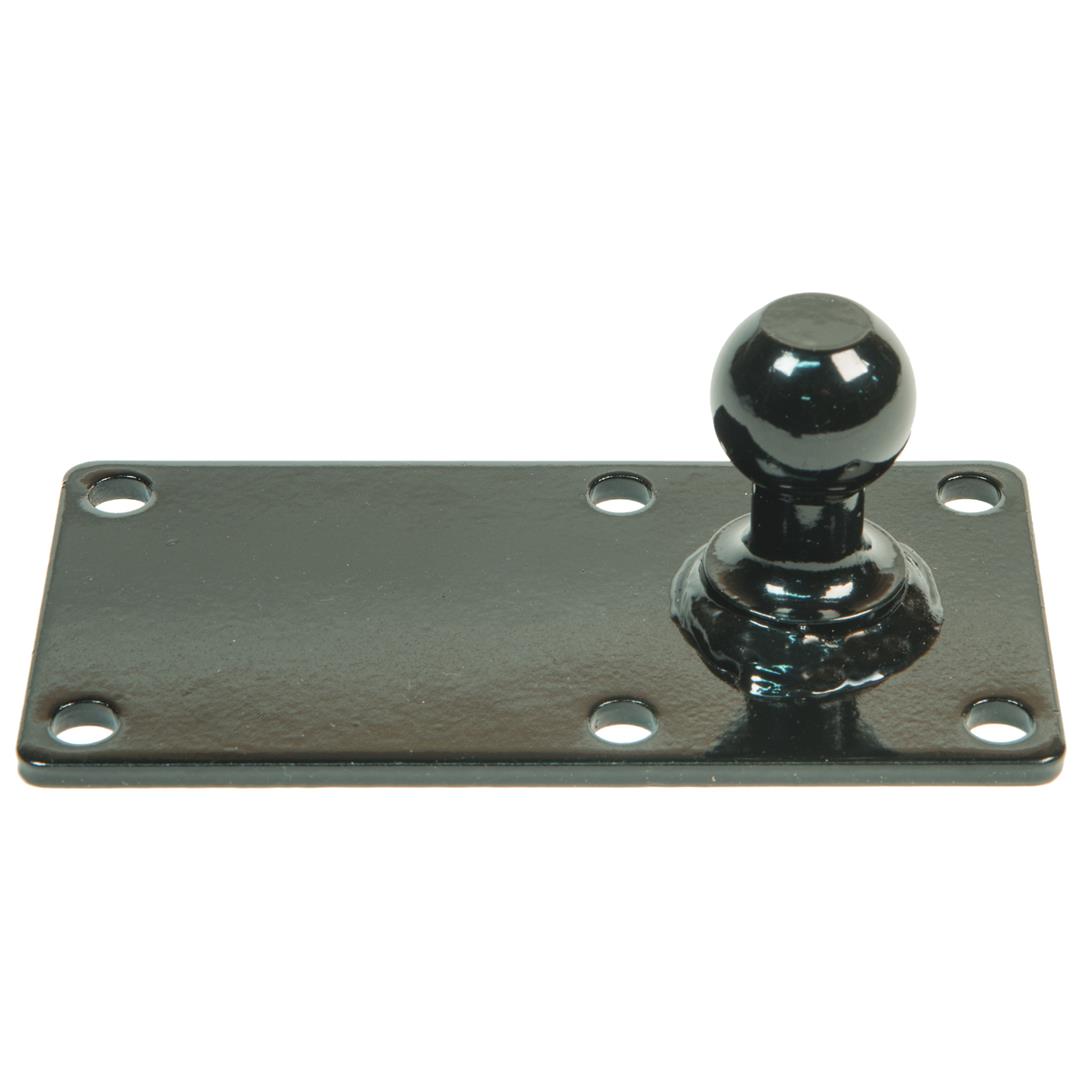 A black metal plate with a ball attached to one end.